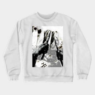 Digital collage, special processing. Unknown fields. Person holding two spikes near mystic three objects. Like hallucination. Crewneck Sweatshirt